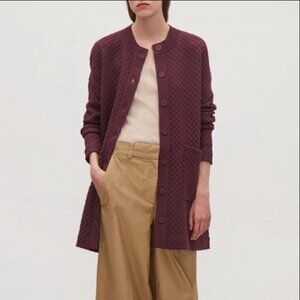 COS Textured Knit Long Quilted Jacquard Burgundy Cardigan Size S